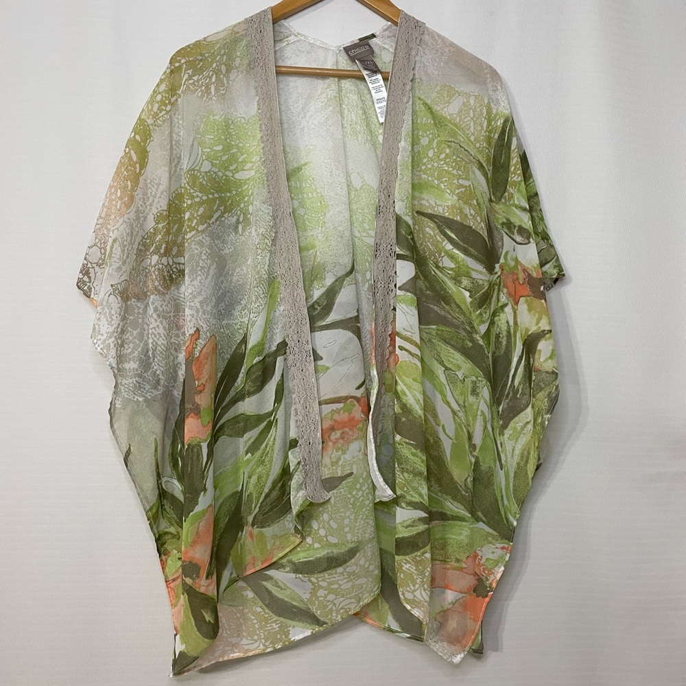 Chico’s Sheer Floral Kimono Cardigan L/XL Green Orange Lace Trim